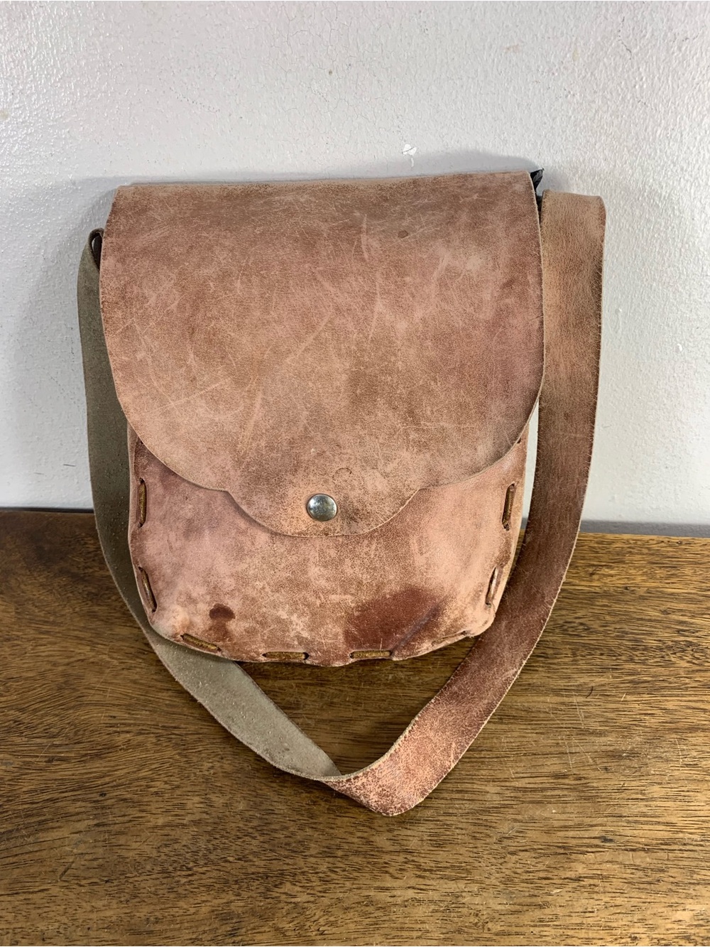 Vintage 70s hand made distressed leather crossbody satchel  boho festival bag